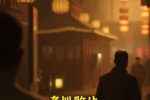 夜晚客厅投影幕布上正在播放的电影画面