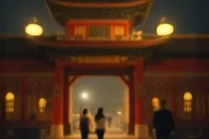 钟表表盘碎片悬浮在城市上空的科幻构图
